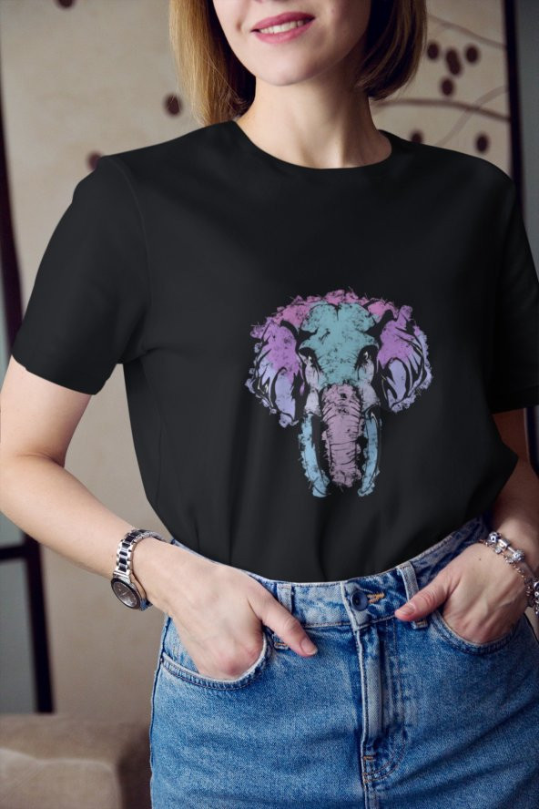 Renkli Fil Boyama Baskılı Tişört Kadın Hediye Doğum Günü Hediyesi T-shirt - 3