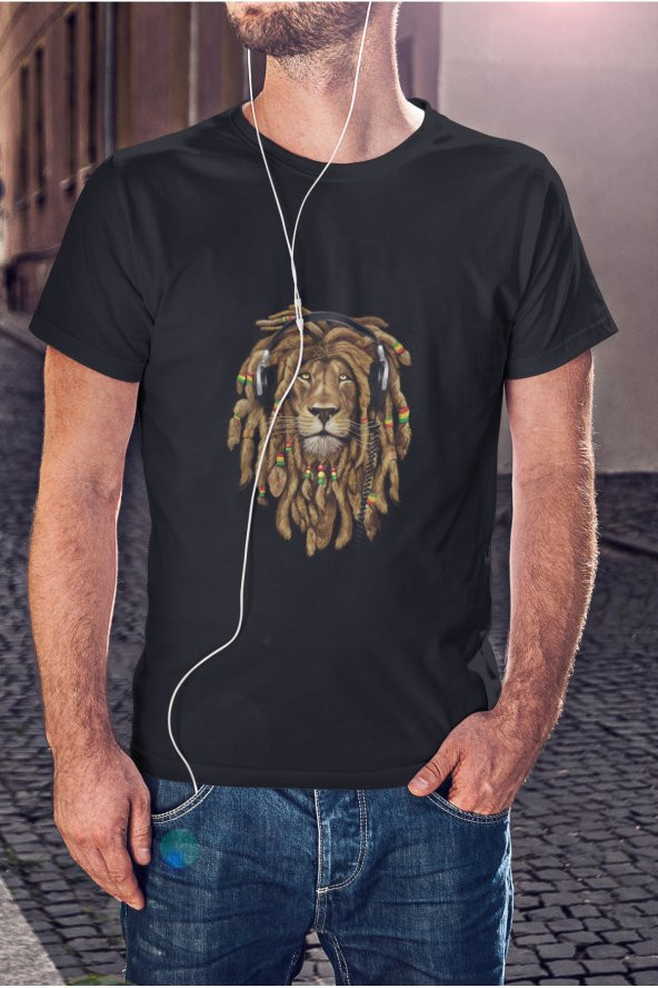Rasta Yeleli Kulaklıklı Aslan Baskılı Tişört Erkek Hediye Doğum Günü Hediyesi - 3