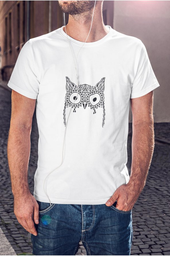 Baykuş Çizimi Baskılı Tişört Erkek Hediye Doğum Günü Hediyesi T-shirt
