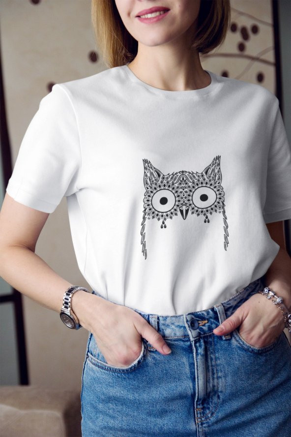Baykuş Çizimi Baskılı Tişört Kadın Hediye Doğum Günü Hediyesi T-shirt