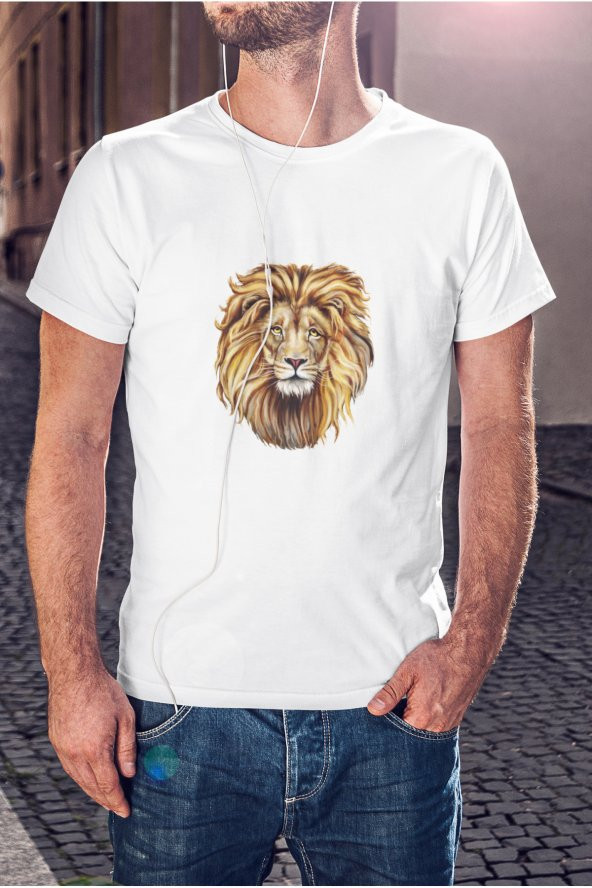 Renkli Aslan Yeleli Baskılı Tişört Erkek Hediye Doğum Günü Hediyesi T-shirt