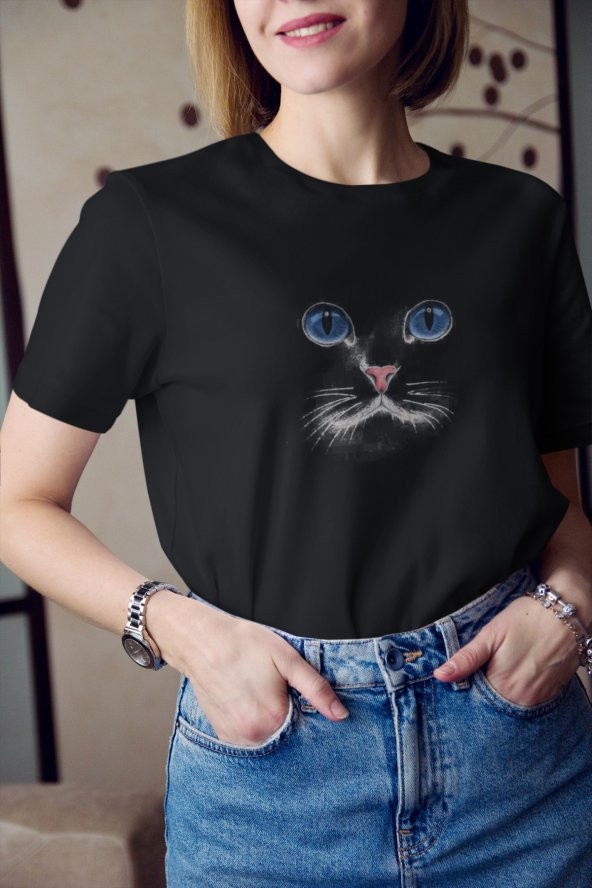 Kedi Mavi Gözlü Baskılı Tişört Kadın Hediye Doğum Günü Hediyesi T-shirt - 3