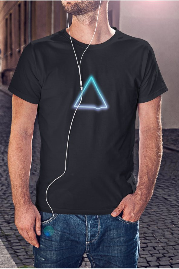 Neon Mavi Renkli Üçgen Baskılı Tişört Erkek Hediye Doğum Günü Hediyesi T-shirt - 3