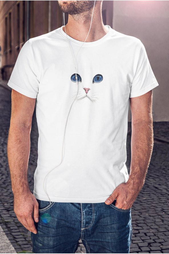 Kedi Mavi Gözlü Baskılı Tişört Erkek Hediye Doğum Günü Hediyesi T-shirt