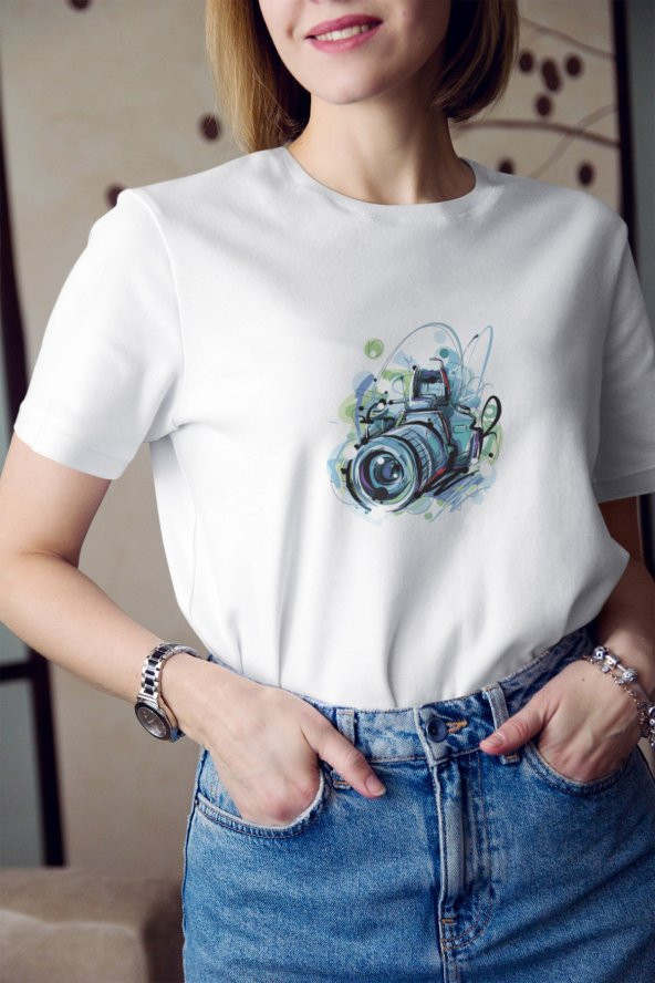 Fotoğraf Makinesi Mavi Renkli Baskılı Tişört Kadın Hediye Doğum Günü Hediyesi