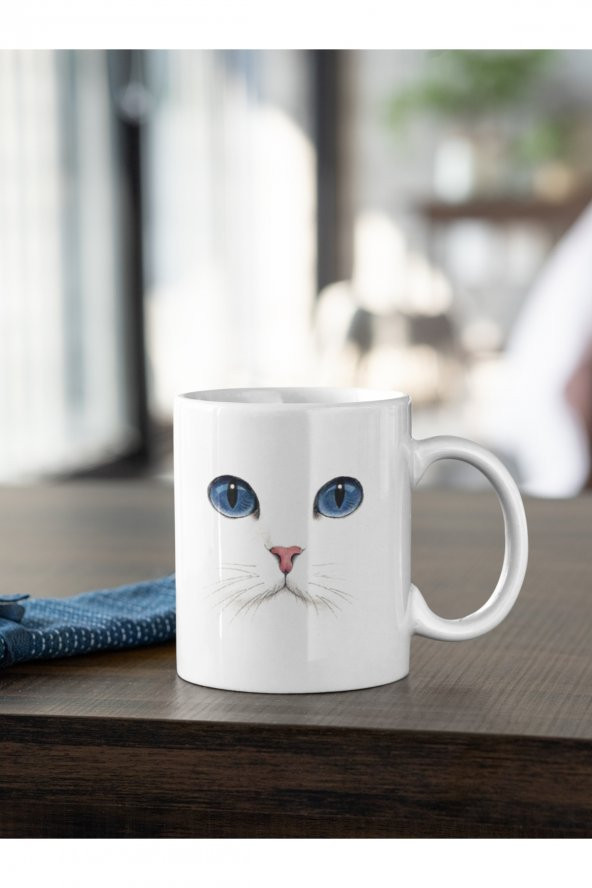 Kedi Mavi Gözlü Baskılı Kahve Kupası Hediye Kupa