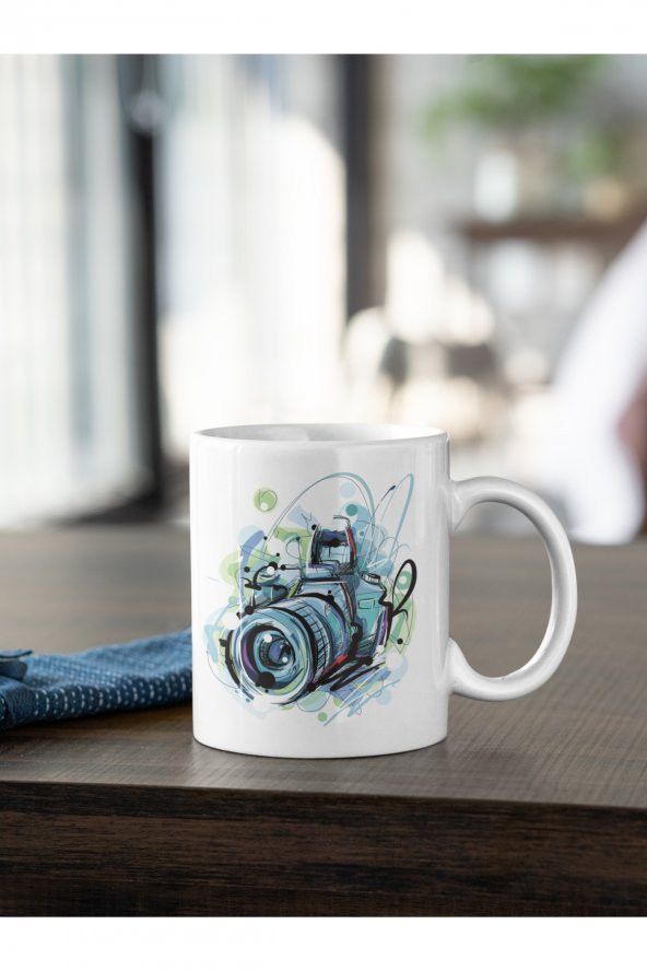 Fotoğraf Makinesi Mavi Renkli Baskılı Kahve Kupası Hediye Kupa - 2