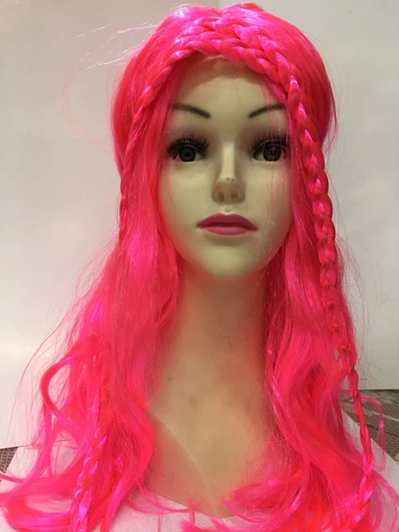 Neon Pembe Renk Örgülü Helen Karakter Peruğu Takma Saç
