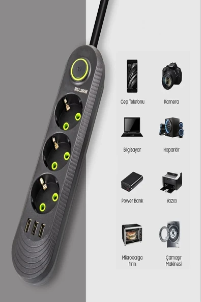 Akım Korumalı 3’lü Grup Priz – 3 USB Çıkışlı, 1.5 Metre Kablo, Güvenli Çoklu Şarj Ünitesi - 2