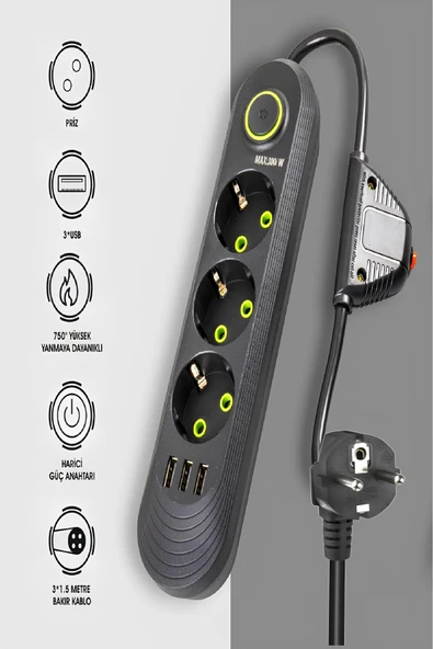 Akım Korumalı 3’lü Grup Priz – 3 USB Çıkışlı, 1.5 Metre Kablo, Güvenli Çoklu Şarj Ünitesi