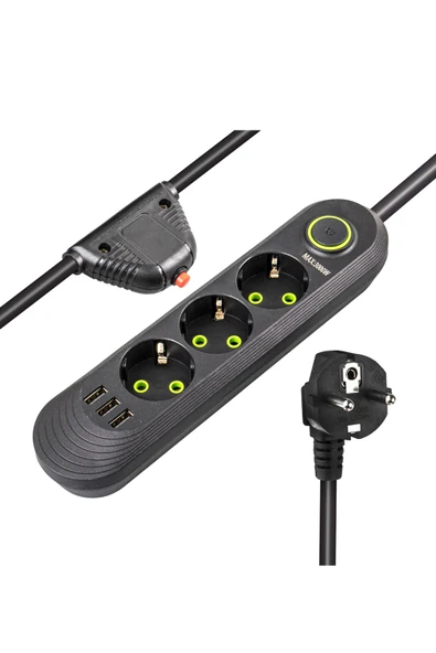 Akım Korumalı 3’lü Grup Priz – 3 USB Çıkışlı, 1.5 Metre Kablo, Güvenli Çoklu Şarj Ünitesi - 4