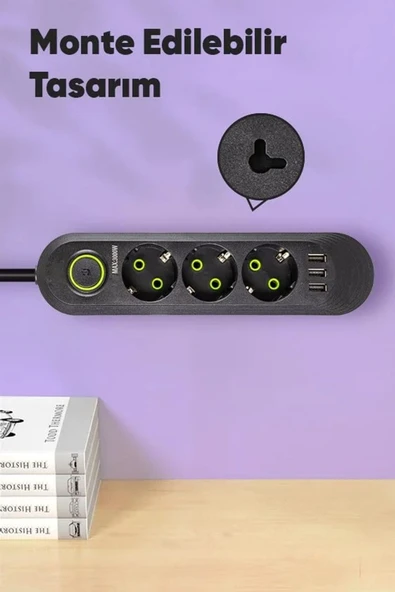 Akım Korumalı 3’lü Grup Priz – 3 USB Çıkışlı, 1.5 Metre Kablo, Güvenli Çoklu Şarj Ünitesi - 3