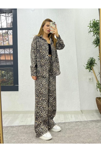 Pamuk Saten Oversize Pantolon Gömlek Takım, Leopar Takım, Kadın Leopar - 1