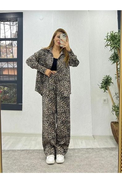 Pamuk Saten Oversize Pantolon Gömlek Takım, Leopar Takım, Kadın Leopar - 2