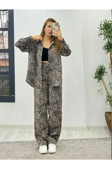 Pamuk Saten Oversize Pantolon Gömlek Takım, Leopar Takım, Kadın Leopar - 4