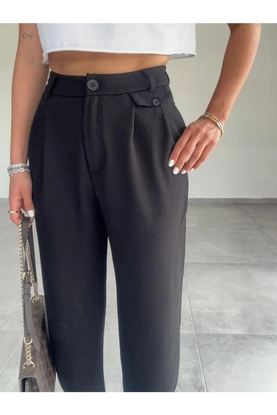 Paça Düğmeli Kadın Krep Pantolon, 4 Mevsim