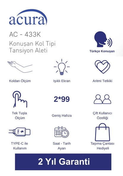 Acura Ac-433 K Geniş Ekranlı Türkçe Konuşan Tansiyon Aleti - 2