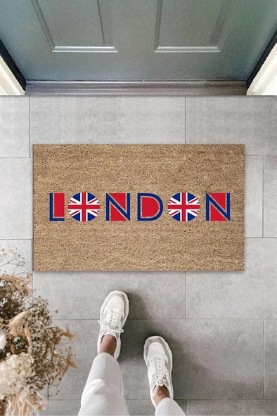 Dijital Baskı Kahverengi London Bayrak Paspas K-3156