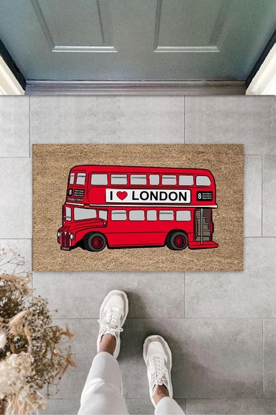 Dekoratif Dijital I Love London Otobüsü Kırmızı Kapı Paspası Dış Mekan Paspas K-3172