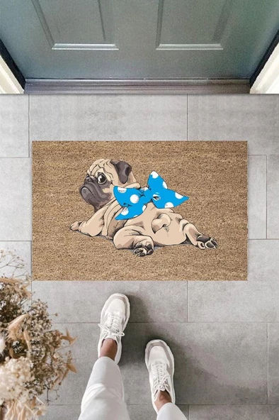 Dijital Baskı Kahverengi Mavi Kurdelili Pug Kapı Paspası K-2107