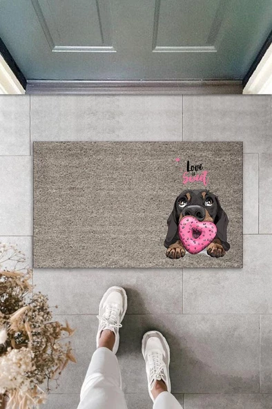 Dijital Baskı Gri Love Sweet Köpekli Dekoratif Kapı Paspası K-2057