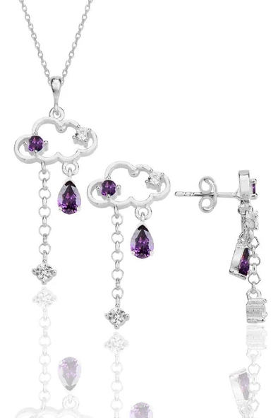 Gümüş rodyumlu ametis ve zirkon taşlı bulut kolye ve küpe ikili set SGTL12354RODAJ - Resim 2