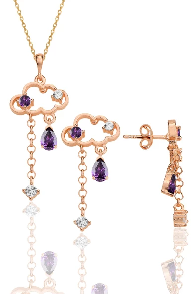 Gümüş rose ametis ve zirkon taşlı bulut kolye ve küpe ikili set SGTL12354ROSE ürün görseli
