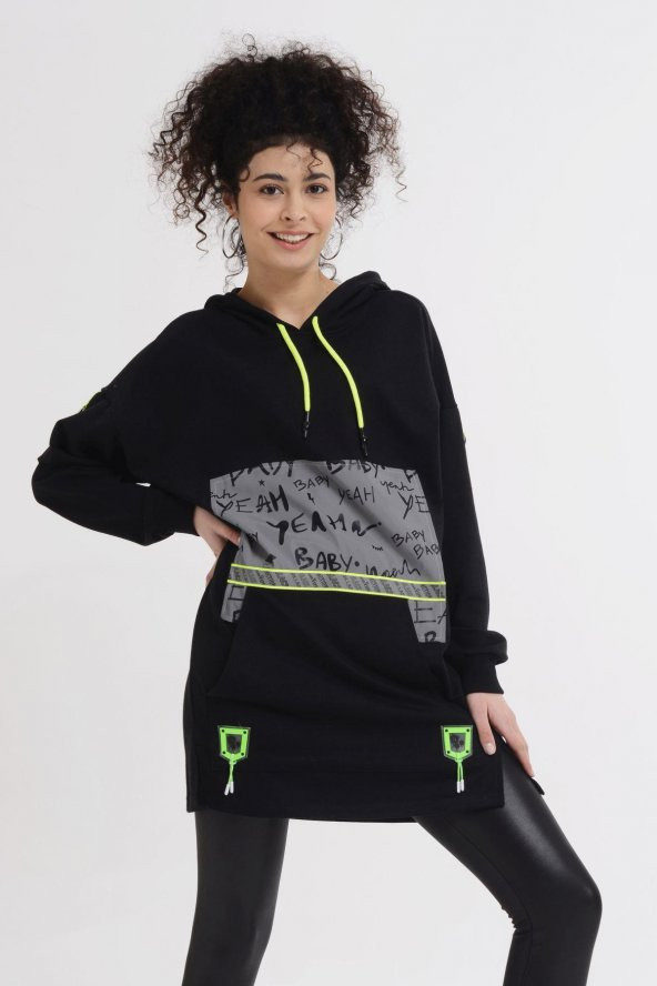 Reflektör Baskılı Kapüşonlu Penye Sweatshirt - 4