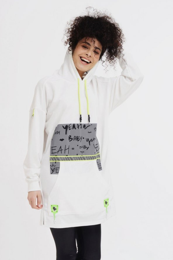 Reflektör Baskılı Kapüşonlu Penye Sweatshirt - 12