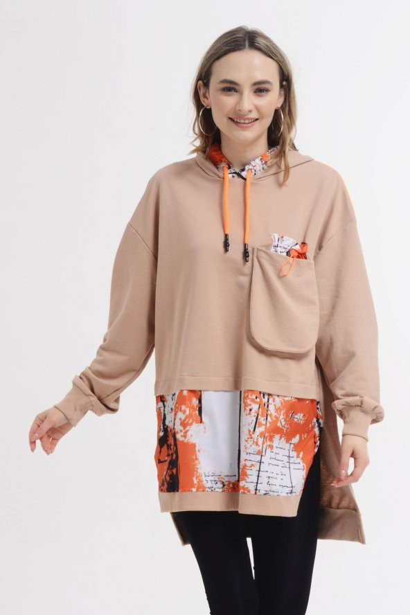 Kapşonlu Paraşüt Garnili Penye Sweatshirt - 3