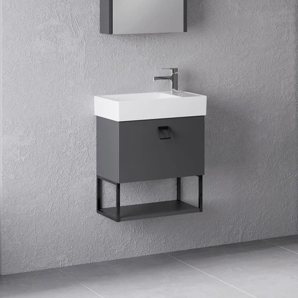 Denko Gloria 50 cm MDF Antrasit Gri Banyo Dolabı Alt Modül ve Seramik Lavabo