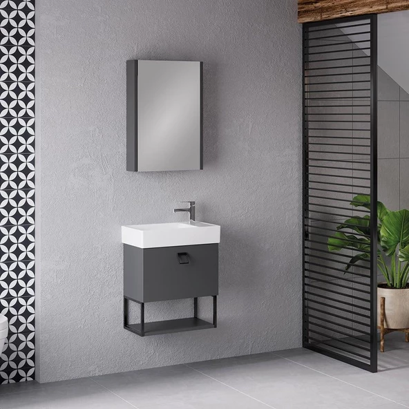 Denko Gloria 50 cm MDF Antrasit Gri Banyo Dolabı Alt Modül ve Seramik Lavabo - Resim 2