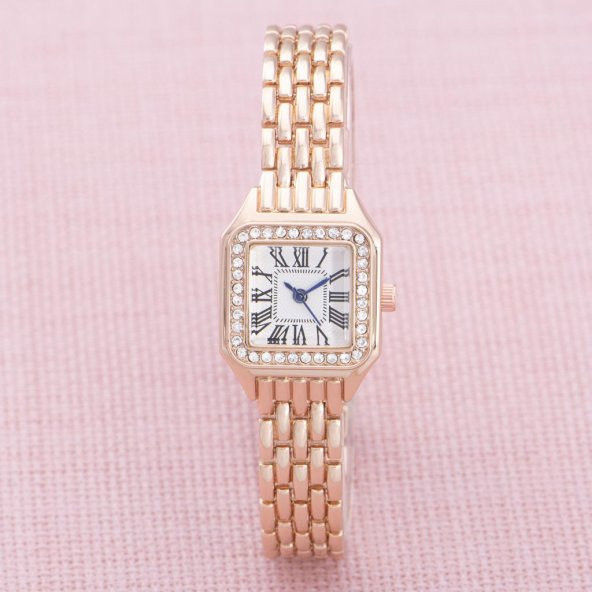 Yeni Sezon Taşlı Retro Model Roma Rakamlı Rose Renk İnce Çelik Kordonlu Saat ST-303872