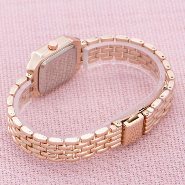 Yeni Sezon Taşlı Retro Model Roma Rakamlı Rose Renk İnce Çelik Kordonlu Saat ST-303872 - Resim 2