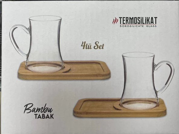 4 Parça Termosilikat Çay Seti Bambu Tabak