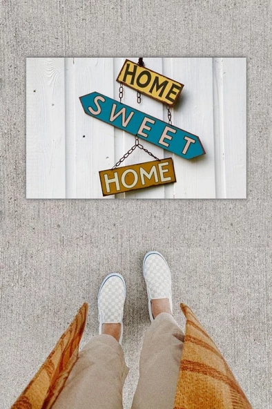 Dijital Baskı Dekoratif Home Sweet Home Beyaz Kapı Önü Paspası K-1229