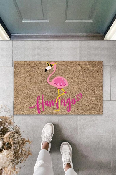 Dijital Pembe Flamingo Bej Kapı Paspası Dış Mekan PaspasK-3050