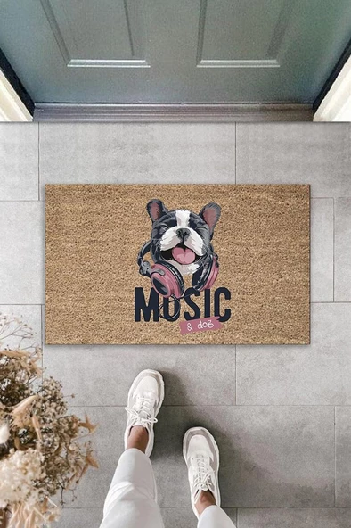 Dijital Baskı Kahverengi Music Yazılı Kulaklıklı Köpek Dekoratif Kapı Paspası K-2042 - 1