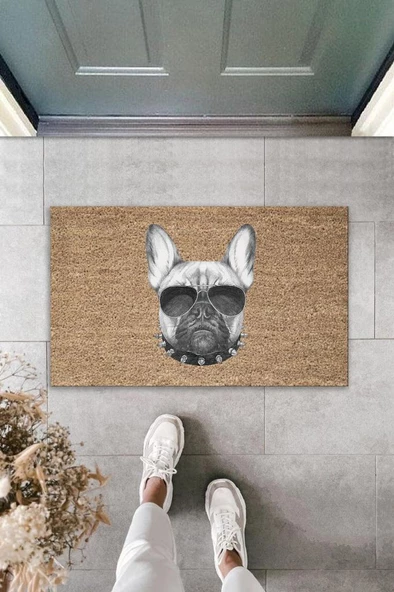 Dijital Baskı Kahverengi Güneş Gözlüklü Tasmalı Ciddi Köpek Dekoratif Kapı Paspası K-2017