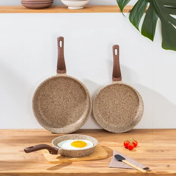 OMS 3737 Fry Pan Döküm Granit 3 Parça Tava Seti Kumbeji (20-24-28 cm)