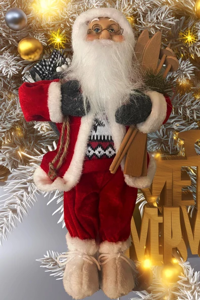 Yılbaşı Süsü Noel Baba Biblo Figür Büyük Boy 45cm -Kayakları, Hediye Çuvalı ve Aksesuarları ile - 3