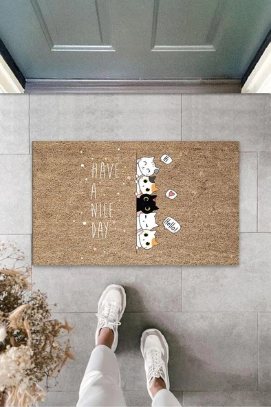 Kahverengi Kapı Önü Paspası Have A Nice Day Kedicikler Desen  K-3241