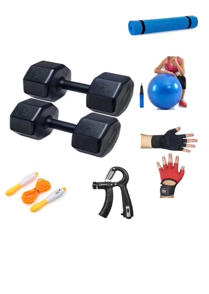 PS SPOR 9 KG DAMBIL X 2 ADET  (18 KG)+ 5 ÇEŞİT PLASTES VE EGZERSİZ SETİ