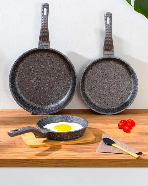 OMS 3737 Fry Pan Döküm Granit 3 Parça Tava Seti Siyah (20-24-28 cm)