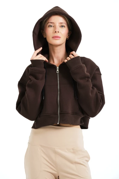 JUSTEVER Crop Kapüşonlu Fermuarlı Kanguru Cepli Şardonlu Hoodie Acı Kahve Kadın Sweatshirt - Lumen