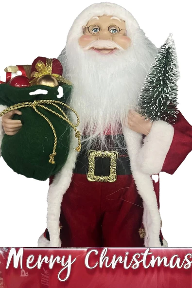Yılbaşı Süsü Noel Baba Biblo Figür Büyük Boy 45cm -Elinde Çam Ağacı ve Hediye Çuvalı ile - 5
