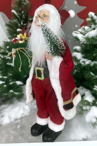 Yılbaşı Süsü Noel Baba Biblo Figür Büyük Boy 45cm -Elinde Çam Ağacı ve Hediye Çuvalı ile - 3