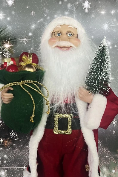 Yılbaşı Süsü Noel Baba Biblo Figür Büyük Boy 45cm -Elinde Çam Ağacı ve Hediye Çuvalı ile - 10