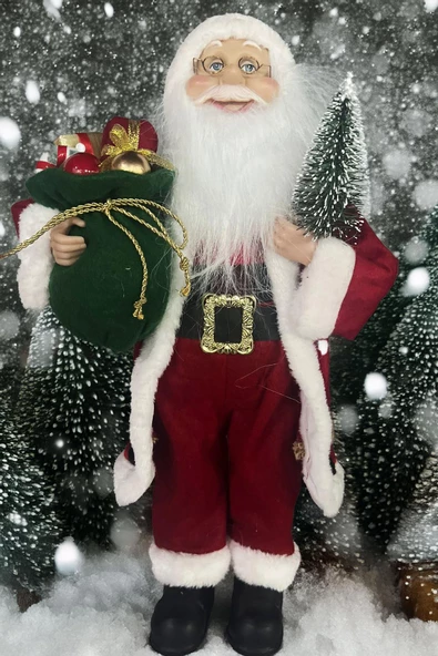 Yılbaşı Süsü Noel Baba Biblo Figür Büyük Boy 45cm -Elinde Çam Ağacı ve Hediye Çuvalı ile - 9