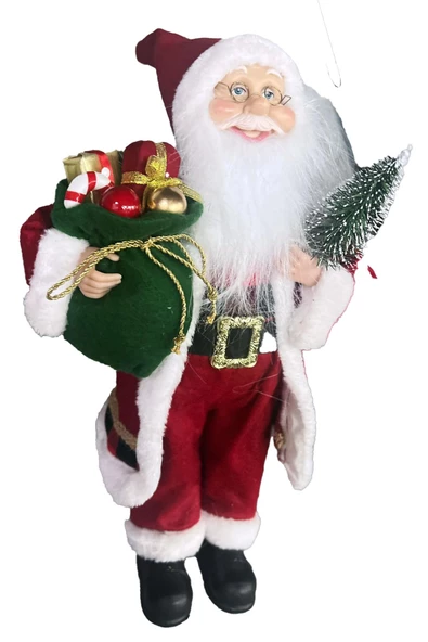 Yılbaşı Süsü Noel Baba Biblo Figür Büyük Boy 45cm -Elinde Çam Ağacı ve Hediye Çuvalı ile - 7